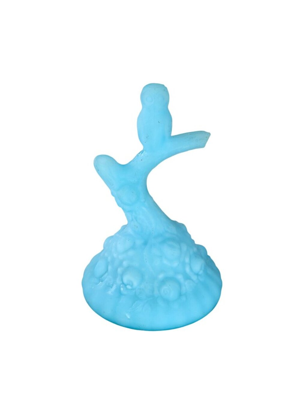 Fenton Art Glass Custard Satin Blue Owl Bird On Branch Jewelry Ring Tree